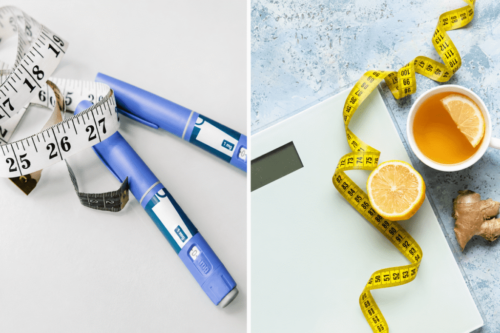 Semaglutide vs natural weight loss comparison with injection pens and a tape measure on one side, and lemon, ginger, and tea on the other