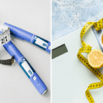 Semaglutide vs natural weight loss comparison with injection pens and a tape measure on one side, and lemon, ginger, and tea on the other