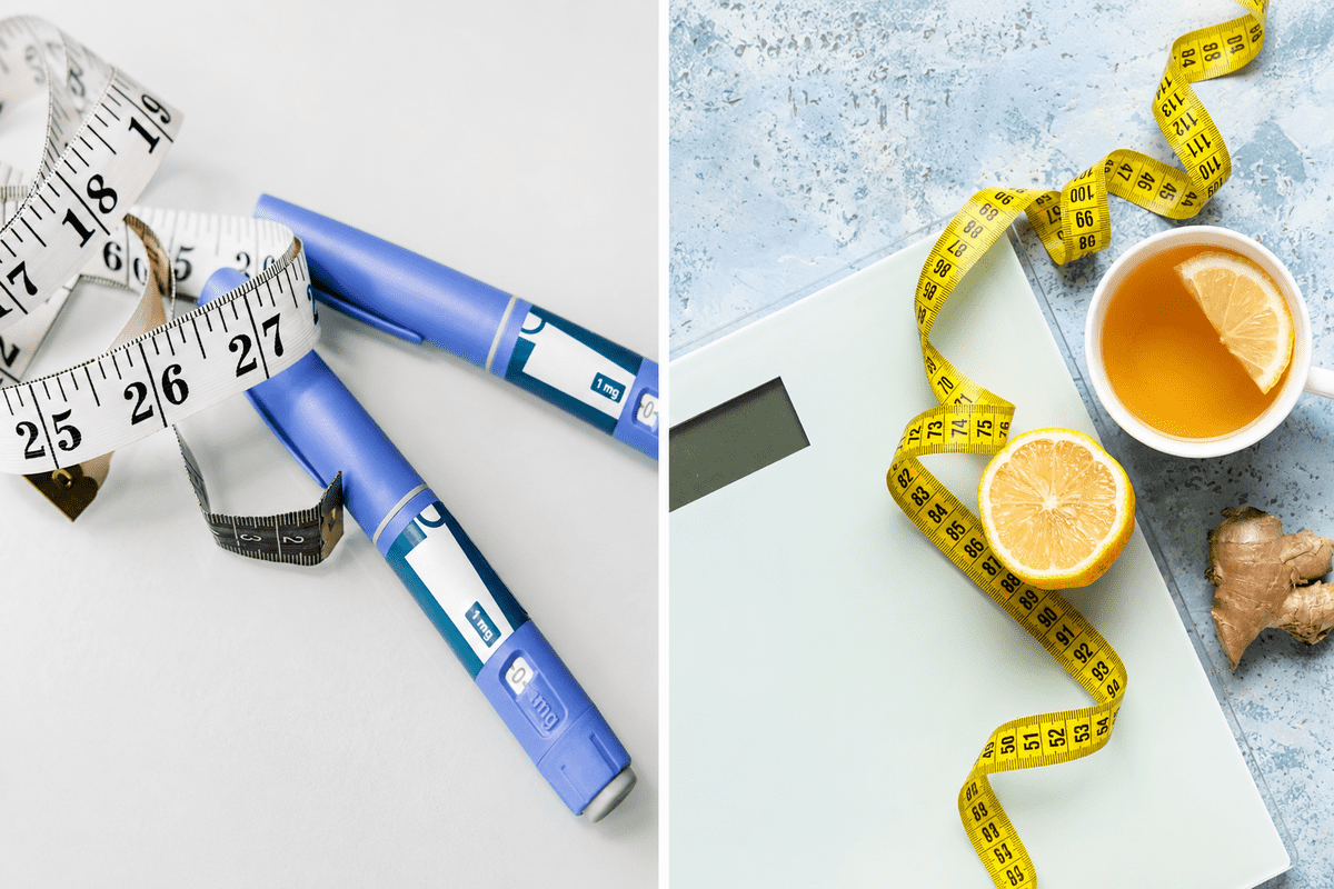 Semaglutide vs natural weight loss comparison with injection pens and a tape measure on one side, and lemon, ginger, and tea on the other